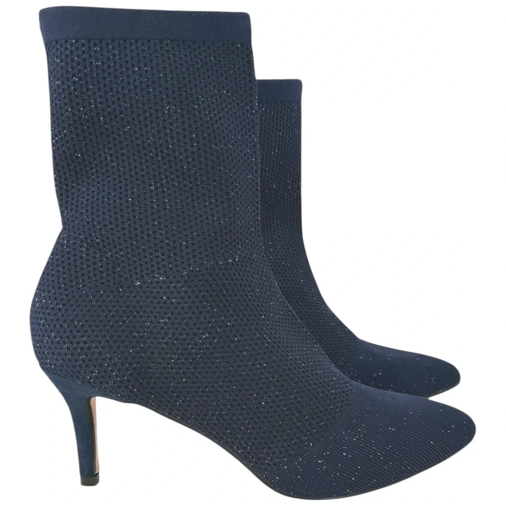 Catherine Malandrino Tammy Navy Glitter‎ Knit Pointed Toe Sock Boots Size 10